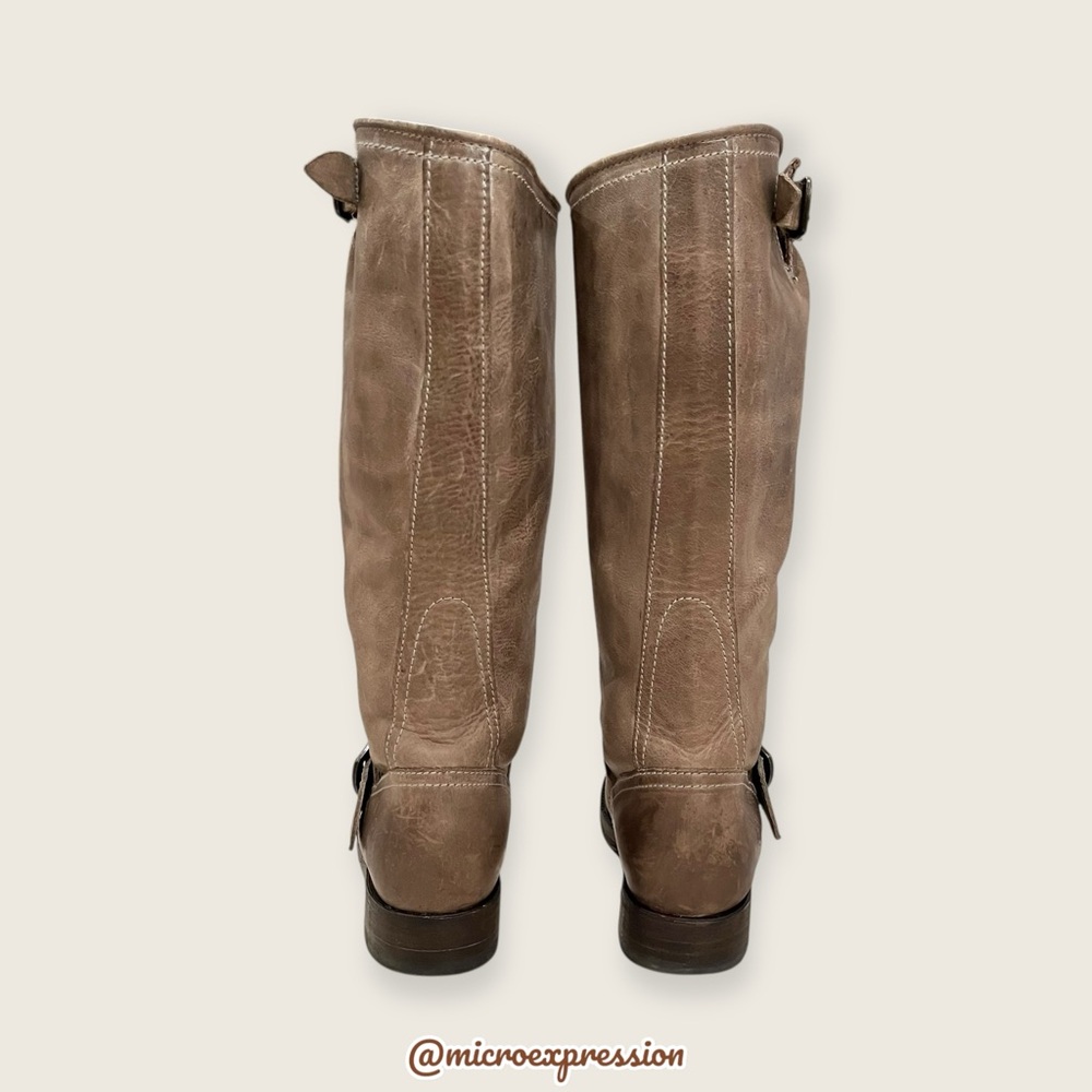 $399 Frye Veronica Slouch Tan Distressed Leather Engineer Moto Tall Buckle Boot - Picture 14 of 16